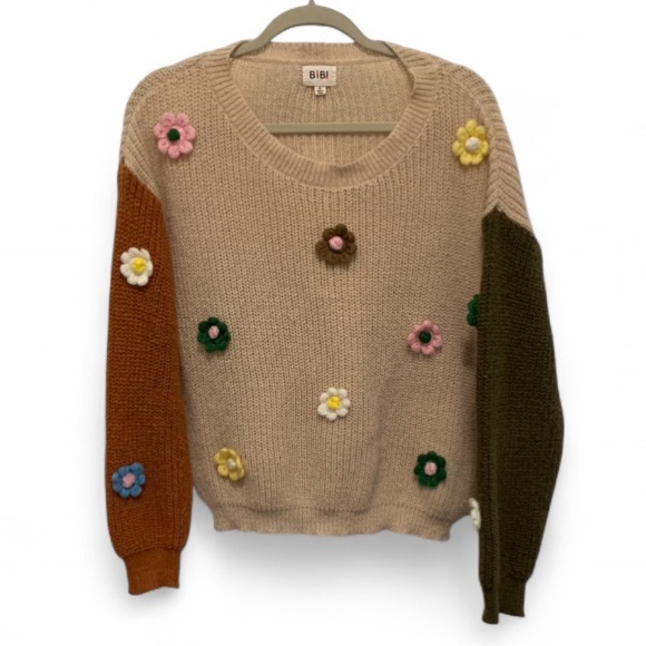 BiBi Sweaters - Bibi 3D Floral Colorblock Pullover Sweater Size Large